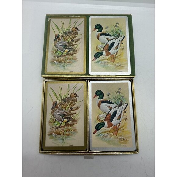 Vintage CONGRESS Playing Cards Smooth Cel-U-Tone Finish 2 Decks Velvet Box Ducks - Picture 3 of 3